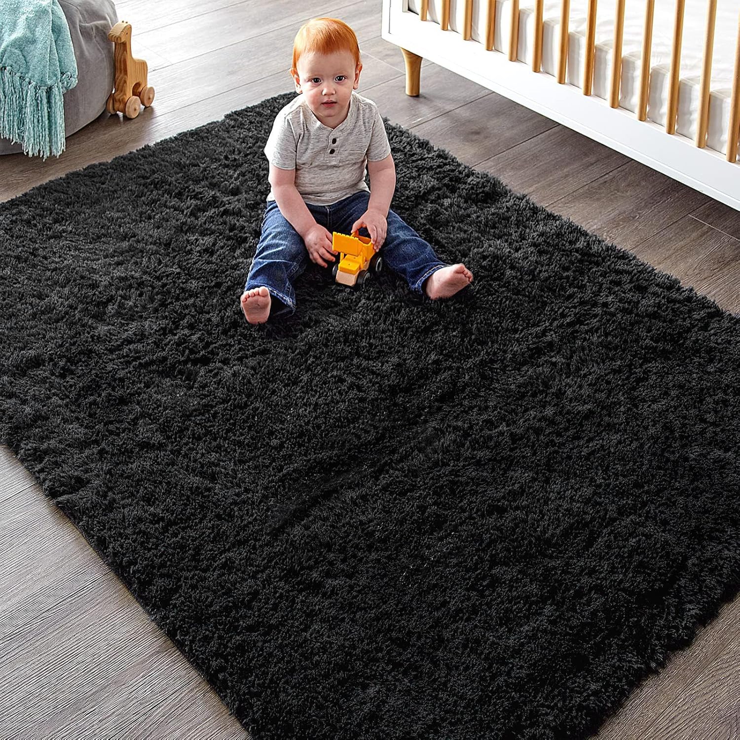 Ophanie Black Area Rugs for Bedroom Living Room, 4x6 Fluffy Fuzzy Shag Shaggy Carpet Soft Plush Furry Bedside Rug, Indoor Floor Rug for Kids Girls Boys Home Decor Aesthetic, Dorm Nursery